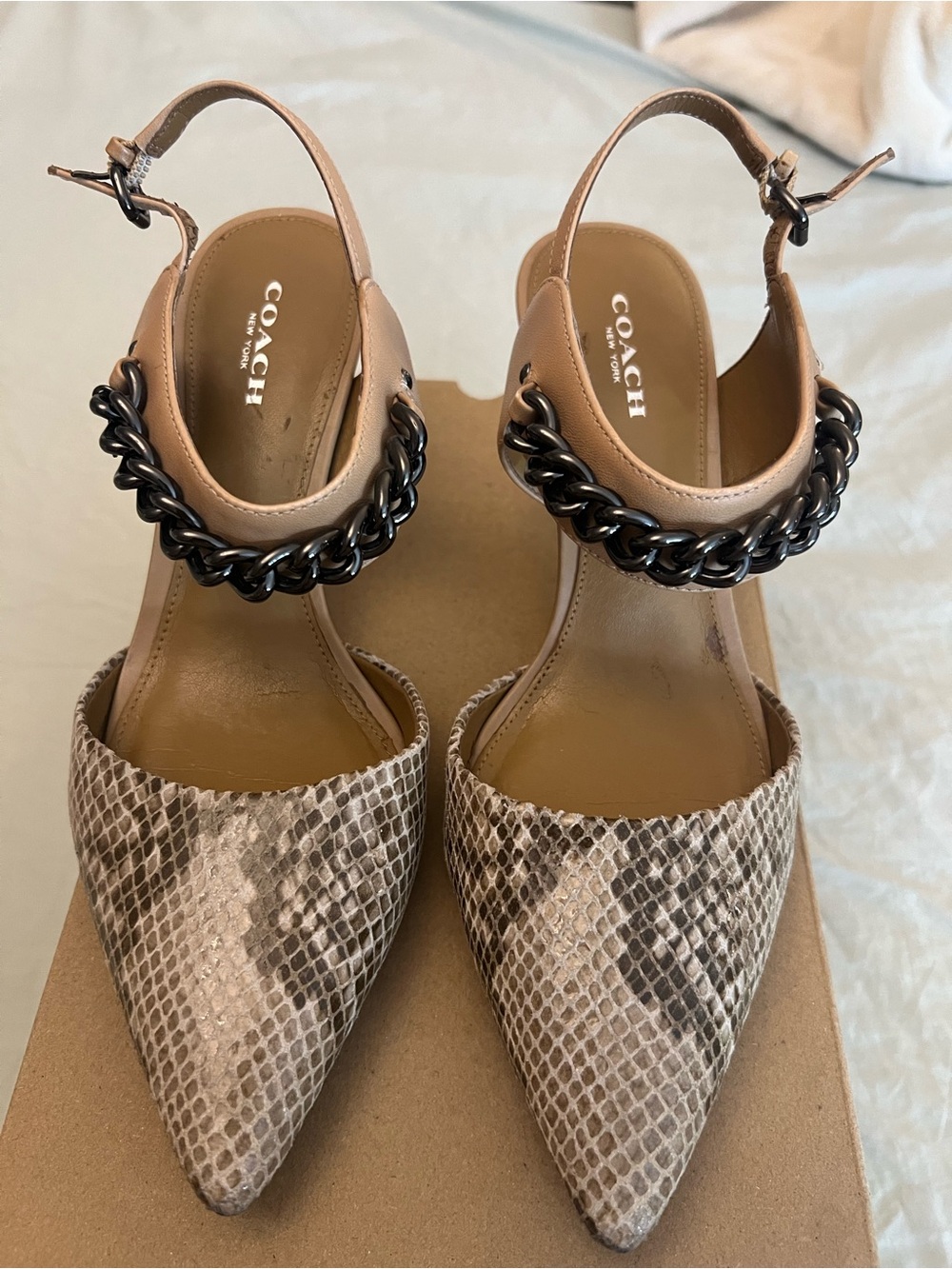 COACH Snake-Print Pointed Slingback Heels with Black Chain